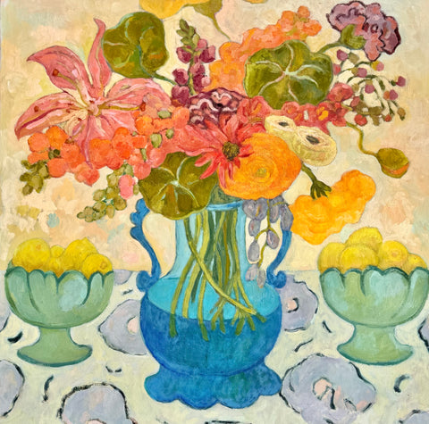 Spring Flowers with Lemons in Vintage Bowls