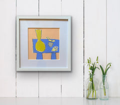 Lemons on Blue Table with Vase